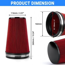 Twilight Garage 152mm 6" High Flow Round Tapered Cone Closed-Top Washable Clamp-On Dry Air Filter, 265mm Tall (Red)