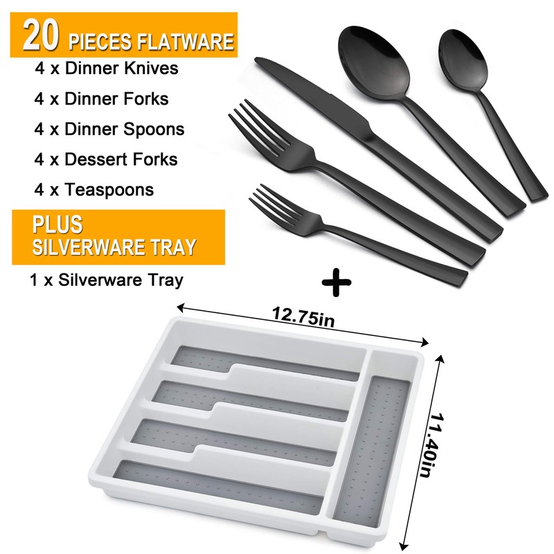 LIANYU 20-Piece Black Silverware Set with Tray, Stainless Steel Square
