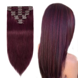 MY-LADY Clip in 100% Remy Human Hair Extensions Highlighted Highlight 8"-24" Grade 7A Quality Full Head 8pcs 18clips Long Soft Silky Straight for Beauty Fashion 16"/16 inch 90g,#99J Wine Red