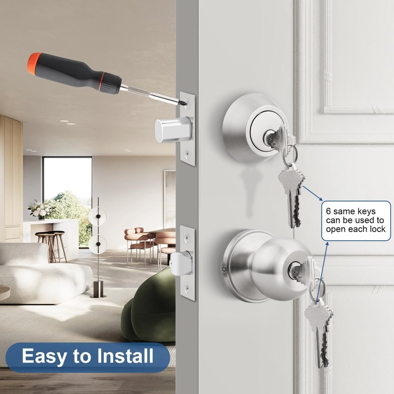 Knobonly Keyed Alike Exterior Door Knob, Round Outdoor Lock with