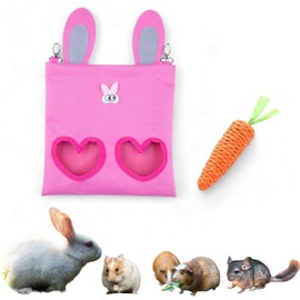 PurrrfectionPet Hanging Rabbit Hay Feeder Bag with Chew Toys Set, Guinea Pig Hay Feeder, Bunny Feeders Holder Storage for Small Pets Bunnies Chinchilla Guinea Pigs Hamster Rats (Pink)