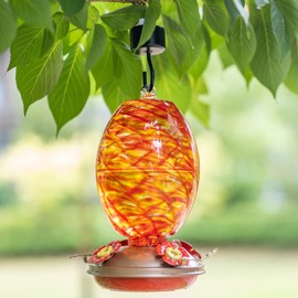 Muse Garden Hummingbird Feeders for Outdoors Hanging, Blown Glass Hummingbird Feeder, Unique Hummingbird Gifts for Women, Containing Ant Moat, Garden Decor, 27 Ounces, Red Swirl