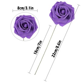 Exoment 25pcs Artificial Flower Foam Rose Real Touch Roses Flower Heads with Stem for DIY Wedding Bouquets Centerpieces Arrangements Party Baby Shower Home Decor (Deep Purple)