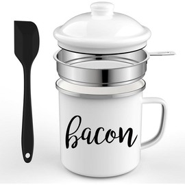 Bacon Grease Saver with Strainer, 46oz Large Capacity Bacon Grease Container With Silicone Spatula, Farmhouse Bacon Grease Keeper For Kitchen Fat Storage, Dishwasher Safe - Color: white