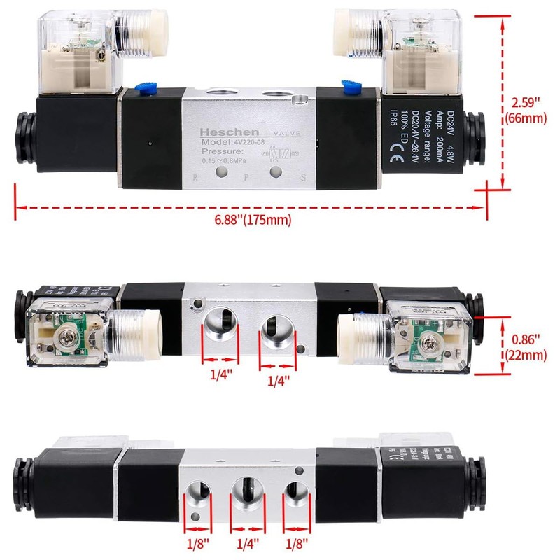 Heschen Electric Pneumatic Solenoid Valve 4V220-08 24VDC 4.8W PT1/4 5