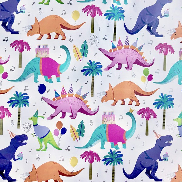 Jillson Roberts 12 Sheet-Count Recycled Flat Folded Birthday Gift Wrap, Dino Party