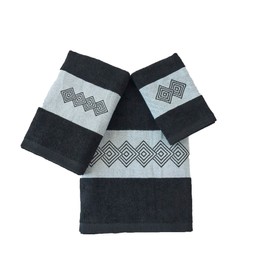 Marina Decoration Premium Luxury Decor Ultra Soft 100% Cotton Embroidered Bathroom Modern 3 Piece Towel Set, Black Modern Square Pattern