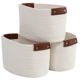 Organizix 3 Pack Cotton Rope Storage Basket Woven Shelf Storage Bin with Faux Leather Handles, Decorative Closet Shelf Woven Basket for Storage Organizers, 15 x 10 x 9, Cream