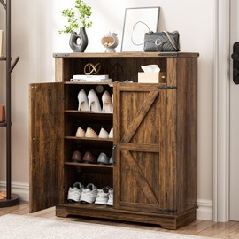 ALLSTAND 6-Tier Shoe Cabinet with Doors, Entryway Shoe Rack Wooden Shoe Storage Cabinet with Adjustable Shelves & Anti-tip Fitting, Farmhouse Shoe Cabinet Storage for Entryway, Living Room, Closet