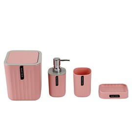 Hosoncovy 4 PCS Bathroom Accessory Set Bathroom Container Set with Soap Dispenser, Bathroom Cup, Soap Dish ，Desktop Trash Can (Pink)