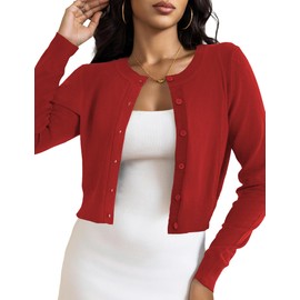 LETDIOSTO Cropped Cardigan Bolero Shrug for Women, Button Down Long Sleeve Knit Sweater for Dresses,for Jeans,Red L