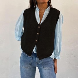 YYDSTYLE Womens Sweater Vest Sleeveless Button Down Round Neck Knitted Tank Tops Casual Cardigan for Women (Black, XL)