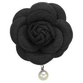 PATIKIL Camellia Flower Brooches, Vintage Fabric Flower Brooches Artificial Pearl Elegant Floral Pins for Women Hat Dress Shirt Tie Corsage, Black