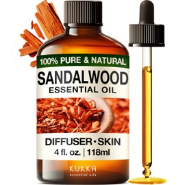 KUKKA essential oils Kukka Sandalwood Essential Oil for Diffuser & Skin - 4 Fl Oz - 100% Pure Natural Sandalwood Oil, Woody Scent, for Massage, Perfume, Hair, Aromatherapy, Candle & Soap Making Scent DIY