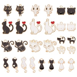 SUNNYCLUE 1 Box 28Pcs 14 Styles Cat Charms Cat Enamel Charms Cute Animal Charm Heart Lovely Kitten Charm Enamel Cat Charm for Jewelry Making Charms DIY Bracelet Necklace Craft Women Adult Black White
