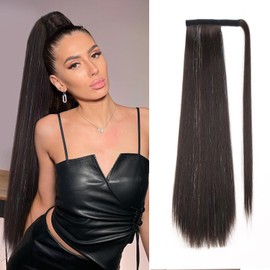 LADY MIRANDA Ponytail Extension with Tinsel Hair 26 Inch Dark Brown Wrap Around Pony Tails Hair Extensions Clip in Ponytail Hairpiece for Women