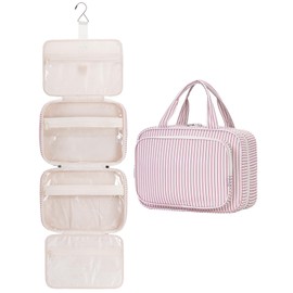 Narwey Women's Toiletry Bag for Hanging Wash Bag Cosmetic Bag Large Wash Bag Cosmetic Organiser for Women Girls, Y-Dusky Pink Stripes(Large), L