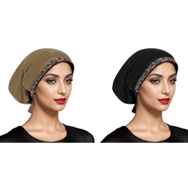 2 Pcs Muslim Inner Hijab Caps for Women Girls, Chic Shiny Rhinestones Beanie Turban Underscarf Hijab Under Caps Breathable Full Cover Undercap Tube Bonnet Scarf Under Hats Bonnets