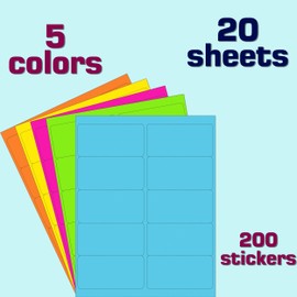 2" x 4" Colored Labels Stickers 5 Colors Bright Moving Stickers for Boxs 20 Sheets Printable Address Label for Laser/Inkjet Printer, Permanent Adhesive(200 PCS)