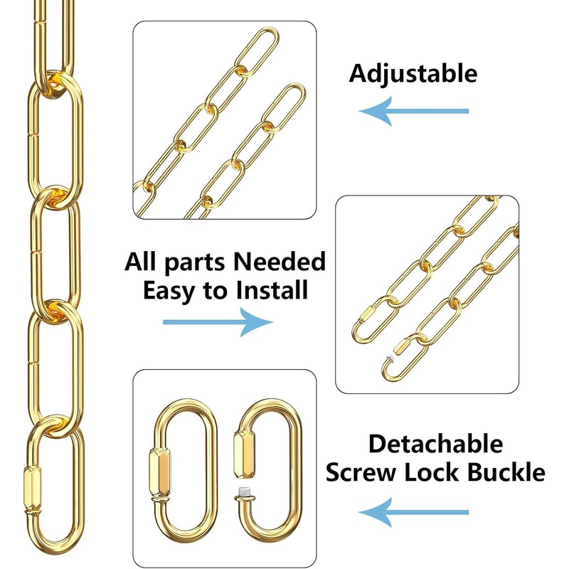 6 Feet Industrial Gold Light Fixture Chain, Adjustable Metal Pendant