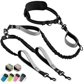 SparklyPets - Correa Manos Libres para Perros de Raza Mediana y Grande, arnés Profesional con Costuras Reflectantes, para Entrenar, Caminar, Trotar y Correr con tu Mascota (Gris, 2 Perros)