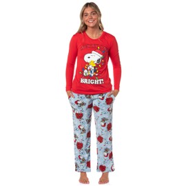 Peanuts Christmas Pajamas Woman's Snoopy Merry & Bright Holiday AOP Fleece Pajama Pant 2-Piece Pajama Set (X-Large)