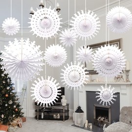 16PCS Christmas Paper Snowflakes Hanging Decoration White Snowflake Paper Fans Paper Christmas Decorations for Winter Home Christmas Wedding Decorations