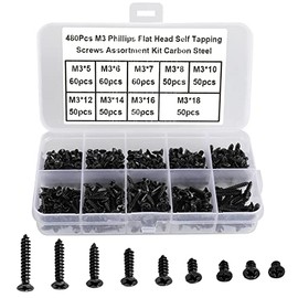FandWay 480Pcs M3 Phillips Flat Head Self-Tapping Screws, Carbon Steel Countersunk Head Tapping Screws,Wood Screws Assortment Set With Storage Box (Black Oxide)