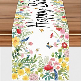 Happy Birthday Table Runner, Floral Garden Flowers Design Kitchen Dining Table Decoration for Birthday Party Decor 72 x 13 inches, White