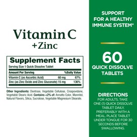 Vitamin C + Zinc by Nature's Bounty, Vitamin Supplement, Supports Immune Health, 60 mg, 60 Tablets