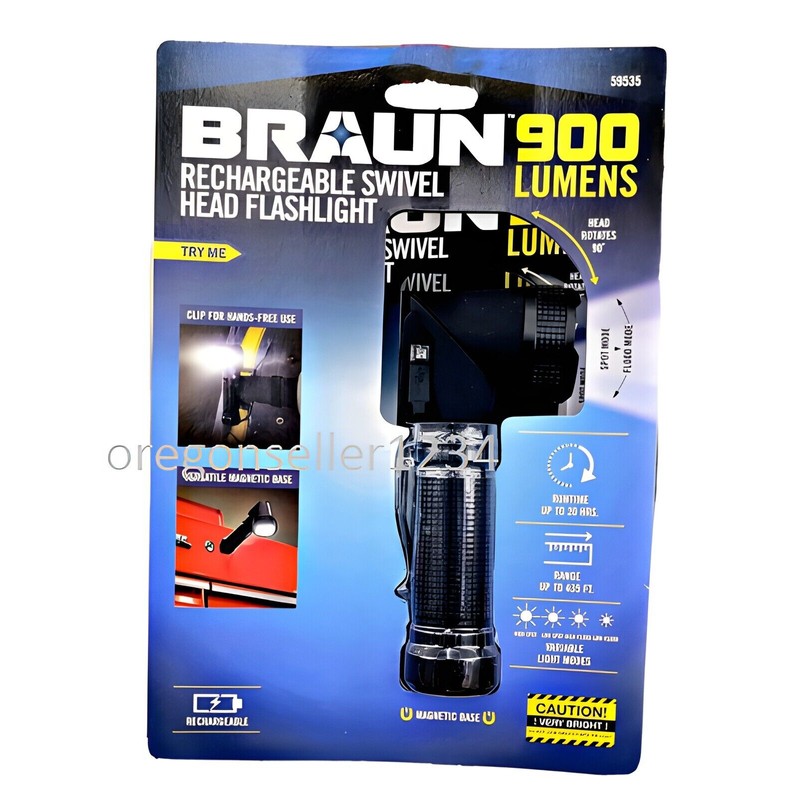 BRAUN 900 Lumen Rechargeable Swivel Head LED Flashlight Spot Light