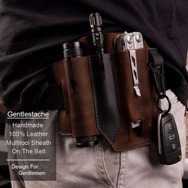 Gentlestache Multitool Sheath for Belt, Leather EDC Pocket Organizer for Men, Leatherman Sheath with Pen Holder, Key Fob, Flashlight Sheath, EDC Leather Pouch Dark Brown