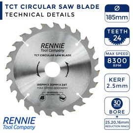 185mm x 24T TCT Saw Blade. 185mm Circular Saw Blade For Rip Cuts x 30mm Bore + 25mm/20mm/16mm Bore Reduction Rings Fits Evolution Bosch Makita Ryobi Dewalt Circular Saws etc, Fits 190mm Circular Saw