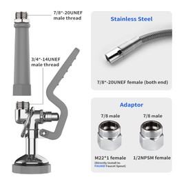 FAUAID Pre Rinse Spray Valve with 45” Stainless-Steel Hose,1.42 GPM Pre Rinse Sprayer Commercial Sink Sprayer with Ergonomic Handle Commercial Faucet Parts,Fit for Dish Washing Spray （Gray）