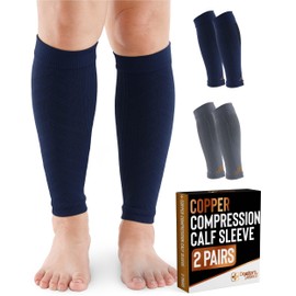 Doctor's Select 2 Pairs Copper Calf Compression Sleeve - Compression Calf Sleeves for Men, Compression Socks for Running, Shin Splints, Calf Compression Sleeve Women, Gray and Navy
