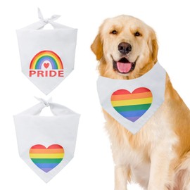 HACRAHO Rainbow Dog Bandana, 2 PCS White Rainbow Dog Bandana Cotton Pet Triangle Scarf with Heart Rainbow Pattern for Dogs Cats & Pride Month
