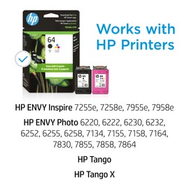 HP 64 Black & Tri-Color Ink Cartridges for HP Printers (Combo Pack) | Works with Printer Series: Inspire 7950e; ENVY Photo 6200, 7100, 7800; Tango | Eligible for Instant Ink | X4D92AN