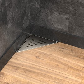 Hydroware Triangle Shower Drain - Stainless Steel Triangular Shower Floor Drain with Removable Patterned Grate, Hair Strainer, Threaded Adapter (6 x 8 Inches, Brushed)