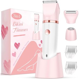 Bikini Trimmer for Women, Painless Electric Razor Shaver Women - Rechargeable Body Hair Trimmer, 3-In-1 Detachable Removal Kit with Ceramic Blade, Cordless Lady Shaver for Trip, IPX7 Waterproof, White Gentle Gift Sensitive Smooth