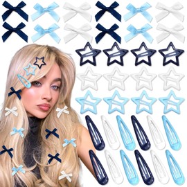 SAWINDA 36Pcs Navy Blue Mini Bow Hair Clips Star Snap Hair Barrettes for Women White Water Drop No Slip Hair Clips Small Hair Bows Star Bowknot Hair Accessories for Teens Girls