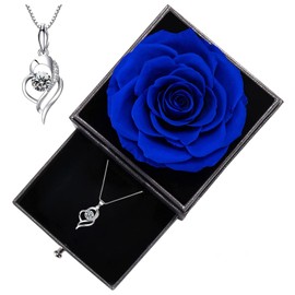 Mdecors Preserved Blue Real Rose with Necklace Preserved Rose Gift Box with Sterling Silver 925 Necklace Eternal Rose with Necklace Box Gift for Woman Wife Girlfriend Mothers Day Valentines Day