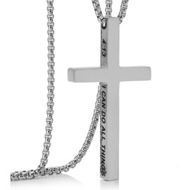 AWARDSEN Cross Necklace Men Silver Chain Mens Necklace with Crucifix Pendant Religious Bible Philippians 4:13 Men's Jewellery Easter Gifts Christian Gifts for Silver Crucifix Pendant 22"
