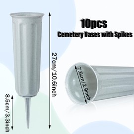 Cemetery Vase with Stake, Plastic Memorial Flower Vases Headstone Flowers Holder for Cemetery Grave Decorations (10, Grey)