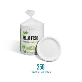 Perk Compostable Paper Plates, 9-inch, White, 250/Pack (PK61287)