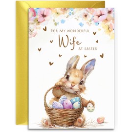 Wonderful Wife Easter Card - Bunny with Easter Eggs Design - A5 Size with Gold Envelope
