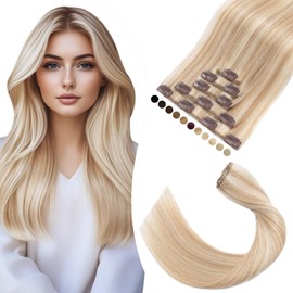 Elailite Real Hair Clip-In Extensions #18P613 Ash Blonde Mix Light Blonde, 5 Wefts Remy Hair Extensions with 12 Clips, 50 cm, 70 g, Straight Hairpieces Hair Extensions