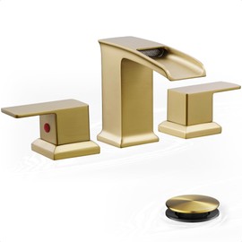 HOIGY Square Brushed Gold Bathroom Faucet 3 Hole, Brass 4-16 Inch Waterfall Faucet for Bathroom Sink with 2 Handles, Pop-Up Drain & Pre-Installed cPUC Supply Lines for Lavatory, Restroom, Vanity
