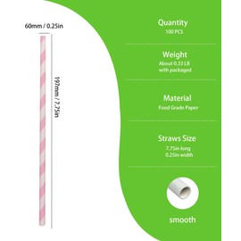 Bright Pink Straws Paper Straws, Biodegradable Pink Striped Drinking Straws Bulk, Pink and White Straws for Cocktail, Party and Restaurant (100Pack, 6 x 197mm Size)