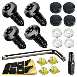 AOOTF Black License Plate Screws- Anti Theft Screws for Car Tag Frame Cover, Stainless Steel Mounting Hardware Kit for Front/Rear, M6 Security Screws, Caps, Fasteners Plug-in, Rattle Proof Pads