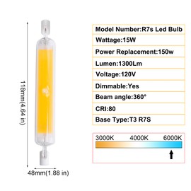 KIMROO 15W 118mm R7S LED Bulbs(2 Pack) 150W Halogen Equivalent J-Type 120V Dimmable T3 R7s Base Double Ended Flood Light 6000K Daylight White for Landscape Light (White)